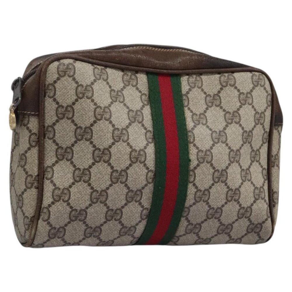 GUCCI GG Supreme Web Sherry Line Clutch Bag PVC Beige Red Green Auth - Picture 3 of 16